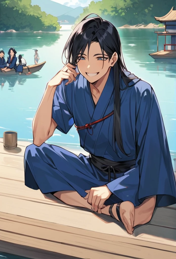 oriental man，sitting by the lake，One wearing blue clothes，One wearing black clothes，They all have long straight black hair，they are laughing。