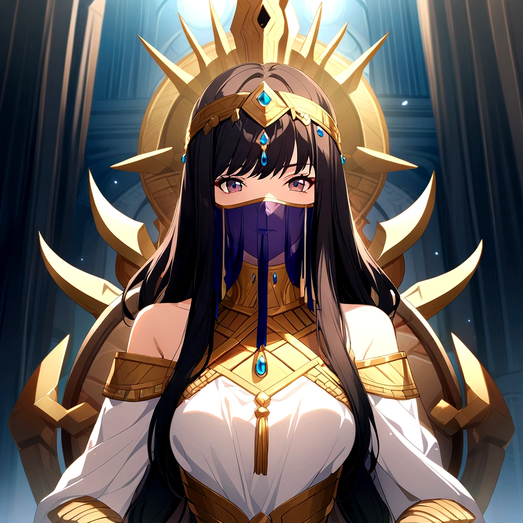 1girl, long hair, dark hair, ancient civilization clothes, white glove, mouth veil, throne background, game cg, warrior queen,