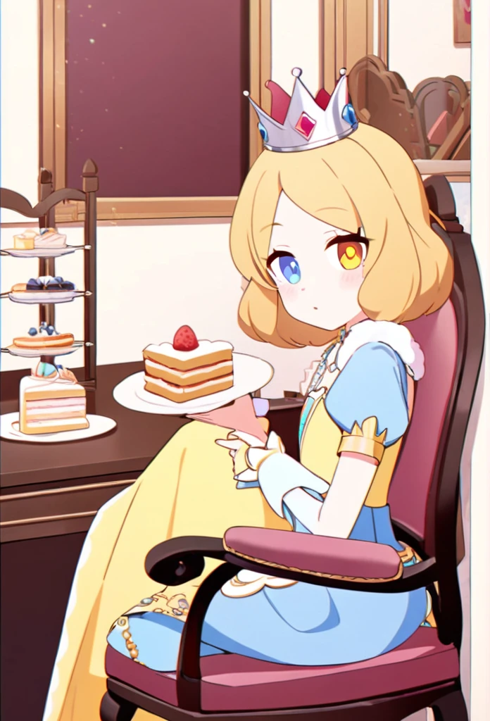 1girl, far view,Wearing a princess outfit, crown, sitting pose on a chair and table with some cakes and bread, blonde hair, blue and yellow heterochromia eyes,