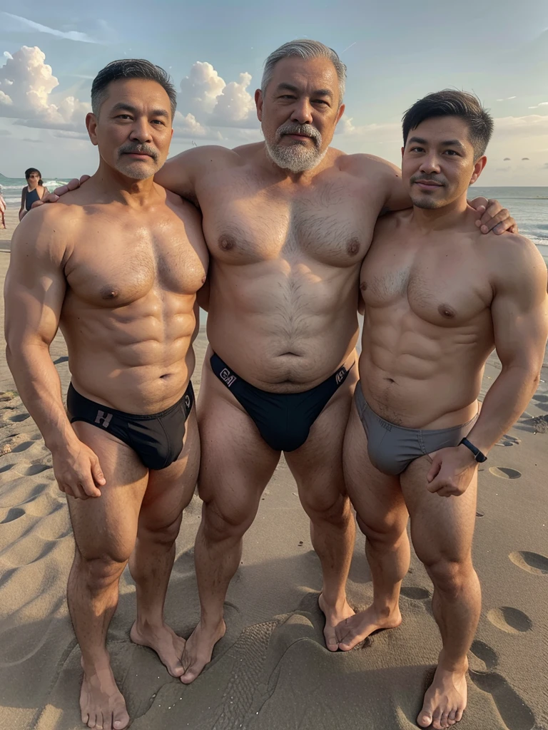 2 vietnamese grandfathers with gray hair, mature face, a thick mustache, a short chin beard, bear body, wearing a massive bulging gray jockstraps standing at the beach, have belly, big muscular chest, a sexy pose.