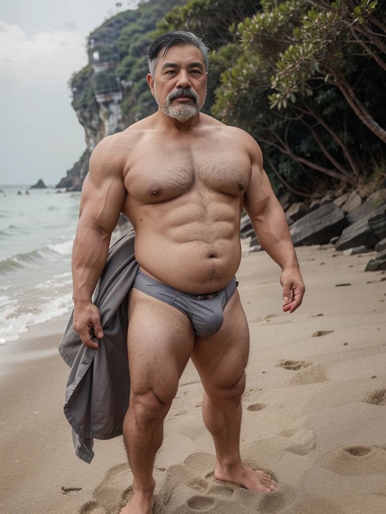 2 vietnamese grandfathers with gray hair, mature face, a thick mustache, a short chin beard, bear body, wearing a massive bulging gray jockstraps standing at the beach, have belly, big muscular chest, a sexy pose.