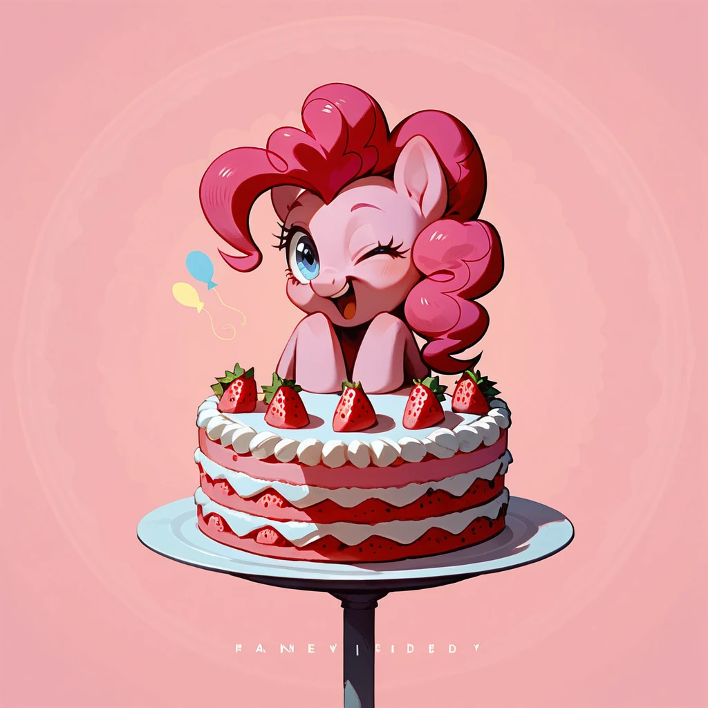 score_9, score_8_up, score_7_up,pinkie pie with straight hair,holding strawberry cake,pink background,wink,pfp