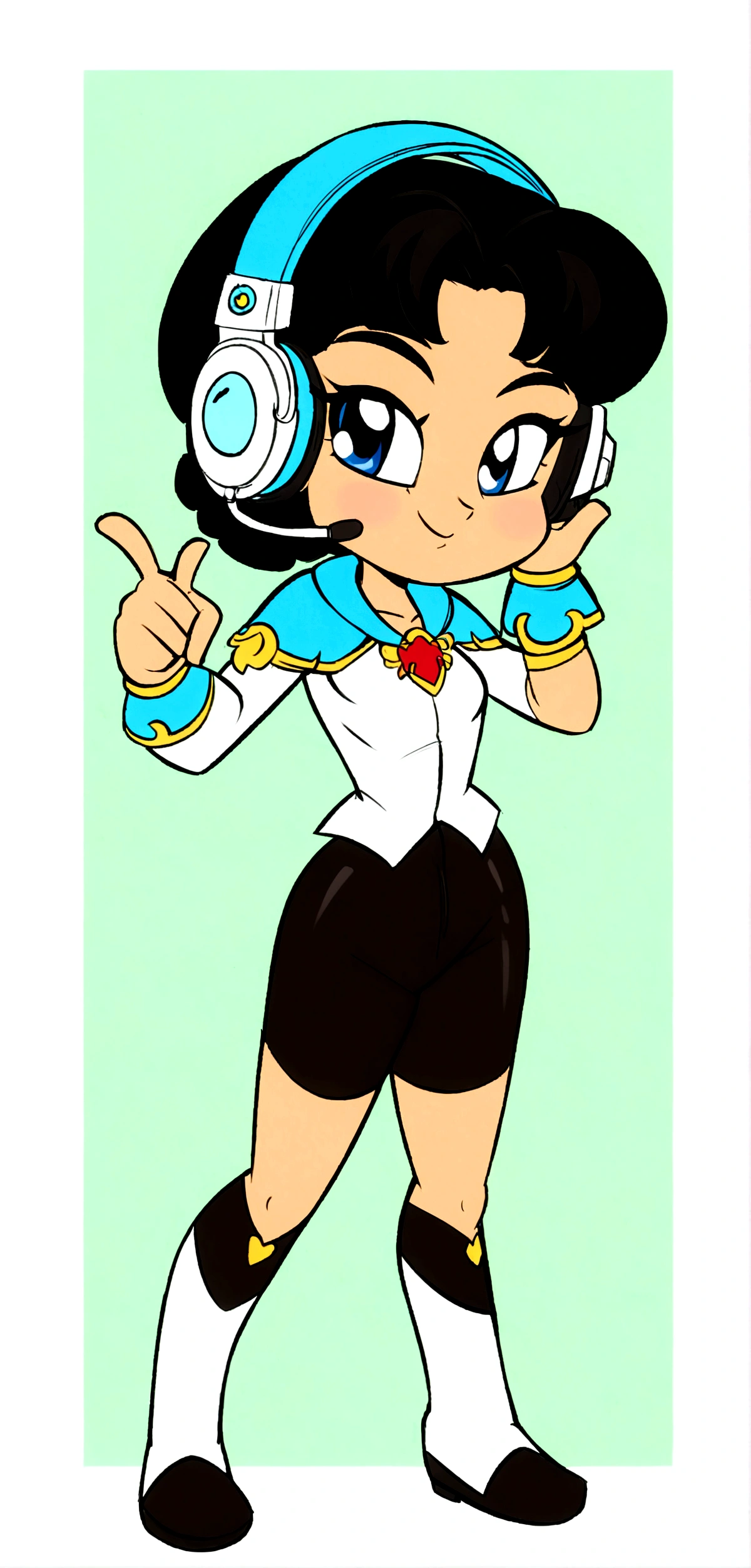 cartoon girl with headphones and a tablet pointing at something, full body!, in an anime style, full_body!!, ecchi anime style, with headphones, with head phones, chibi style, cel shaded!!!, unknown artstyle, thicc, jaidenanimations, chibi, anime moe artstyle, holding a pudica pose