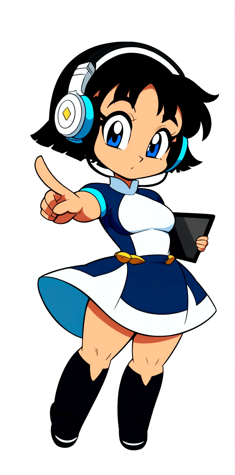 cartoon girl with headphones and a tablet pointing at something, full body!, in an anime style, full_body!!, ecchi anime style, with headphones, with head phones, chibi style, cel shaded!!!, unknown artstyle, thicc, jaidenanimations, chibi, anime moe artstyle, holding a pudica pose