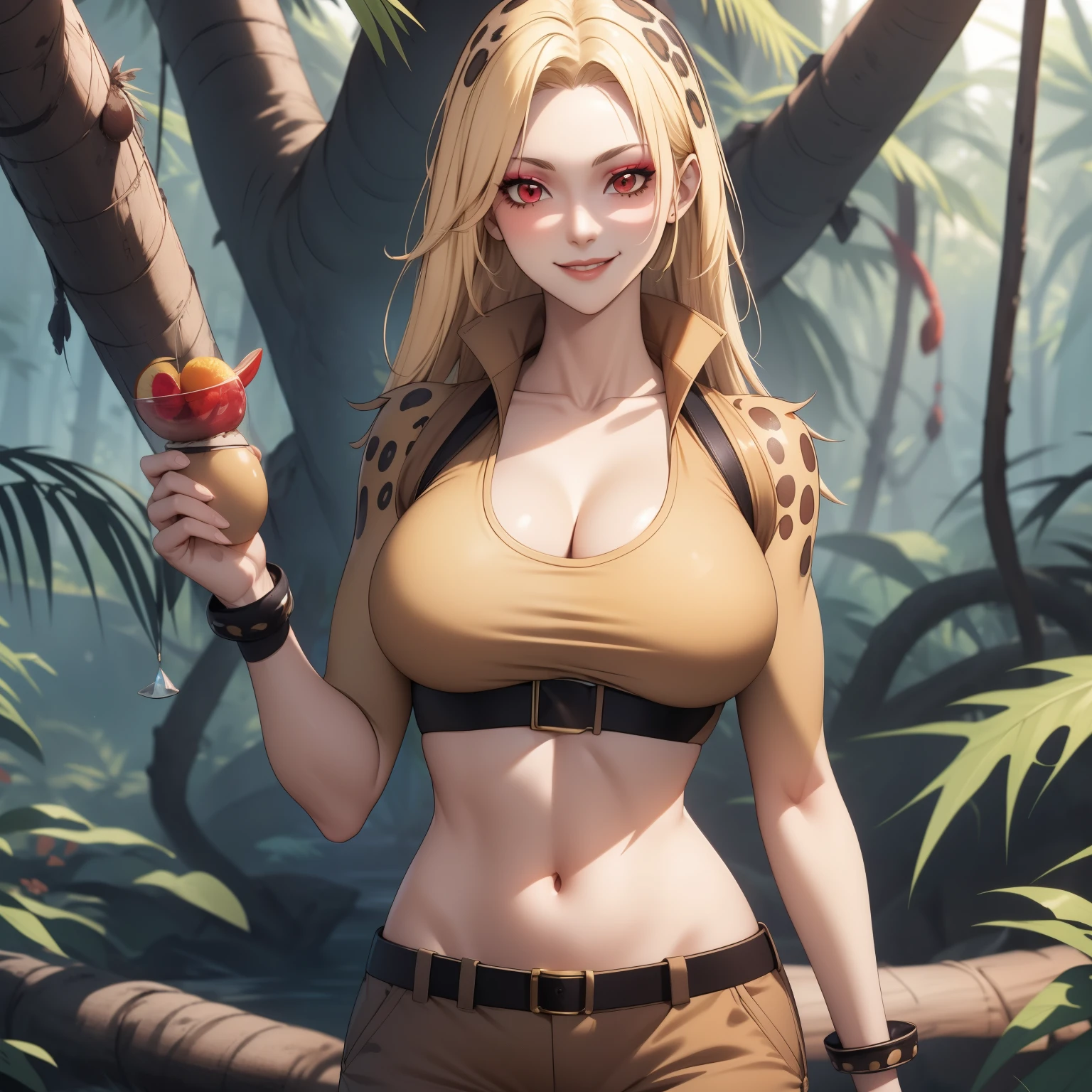 cheetara, 27 year old woman, blonde hair with black spots,  jaguar hair, Red eyes, eyeshadow, by rubio,  big breasts,  brown tops with leopard design, neckline,  shorts, background a jungle, SMILE.