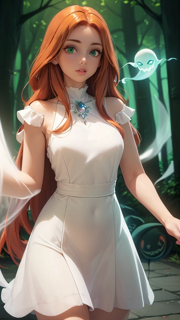 ((Masterpiece)) ((High Quality)) ((Perfect Face)) ((Beautiful)) ((Small Breasts)) ((Wide Hips)) ((Narrow Waist)) ((Auburn Hair)) ((Long Hair)) ((Cute Nose)) ((Green Eyes)) ((Light Skin)) ((Full lips)) ((Ghost girl)) ((Ethereal skin)) ((Spooky Shop)) ((Dim Light)) ((loose white shift dress))