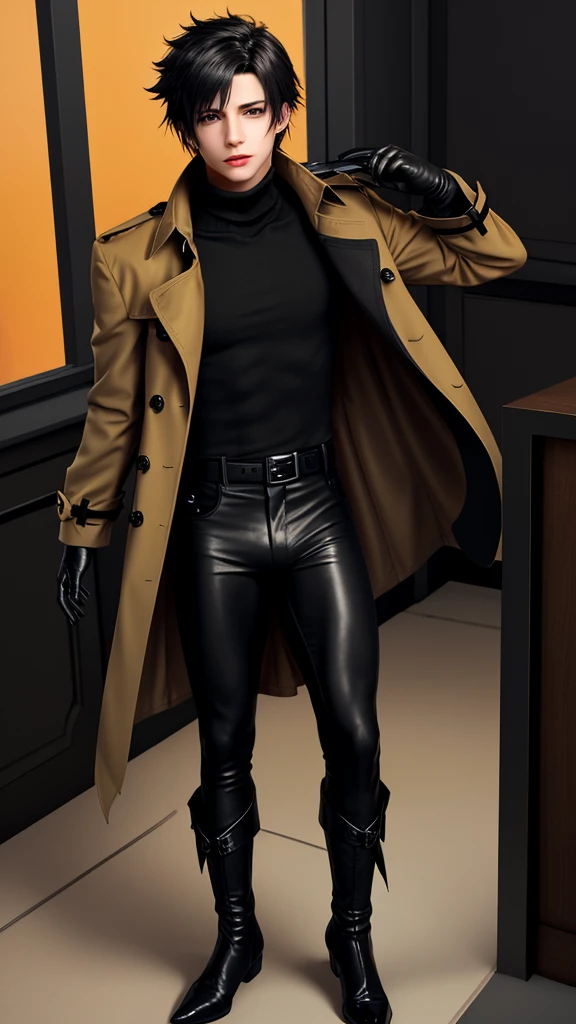 Final fantasy taste and reality graphics, Japanese young cute and cool ikemen boy, his age is early 20s, thin eyebrows and beady eyes, he wearing orange beige color double brest very thick trench coat, with a black color neck fur.,
Must tighten your belt og coat, with epaulet, must close the front of the trench coat,, trench coat cloth the front, also wearing black very thick turtleneck lackluster shirts, tight black leather pants, shiny black leather tight and must put on a thin leather glove, black leather knee-high raceup boots,must views head-to-toe,must views whole body, boy looks like fashion model,Do not show skin from the neck down,leather jacket leather glove and leather pants have few wrinkles,boy in the room,,Avoid showing your innerwear