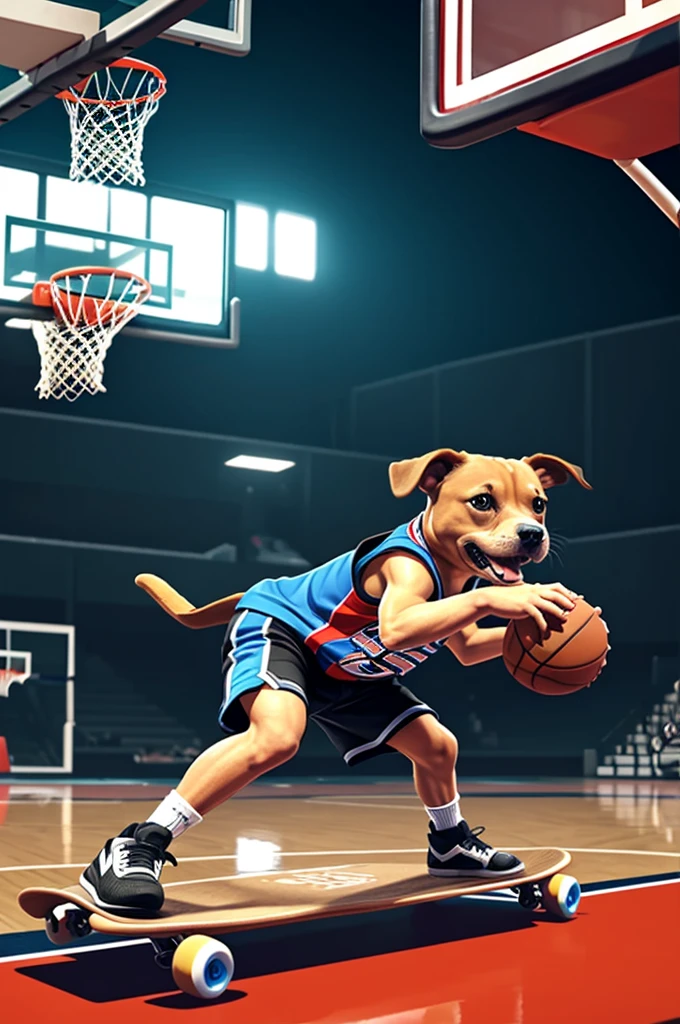 A little dog on a skateboard with a video game controller in his right hand while on a basketball court in an animated style