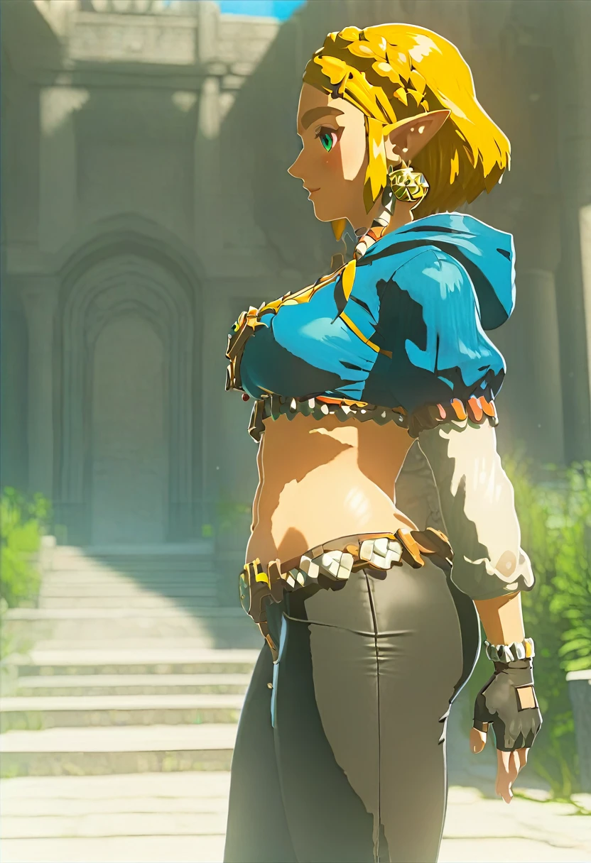 jambes grasses, gros seins, (extremely fine and beautiful:1.1), (perfect details:1.1), (finely detailed eyes and detailed face:1.3), solo, Princess Zelda, narrow hips, slender thighs, small ears, pointy ears, braid, hair ornament, hairclip, gloves, fingerless gloves, blue shirt, shirt, long sleeves, crown braid, bangs, pants, black gloves, green eyes, parted bangs, black pants, blonde hair, short hair, long hair, cape, sidelocks, hood, thick eyebrows, jewelry, hooded cape, belt, tight pants, tight, puffy sleeves, belly fat, belly hang, love handles, from side  (lonely lost path)