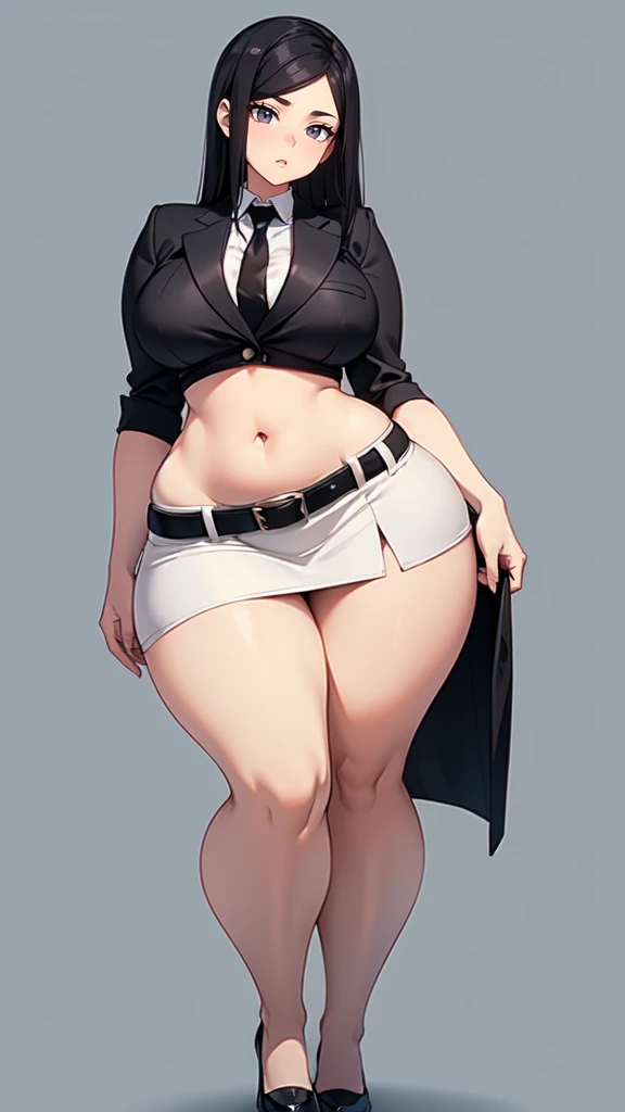 blank background, (((full body))), (masterpiece), ((best quality)), ((tall girl)), straight hair (curvy:1.6), (short skirt), shoes, belt below navel, black hair, (black suit and tie), wide hips