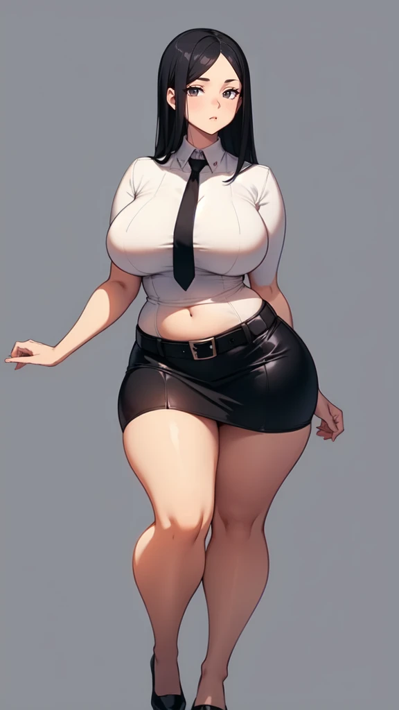 blank background, (((full body))), (masterpiece), ((best quality)), ((tall girl)), straight hair (curvy:1.6), (short skirt), shoes, belt below navel, black hair, (black suit and tie), wide hips