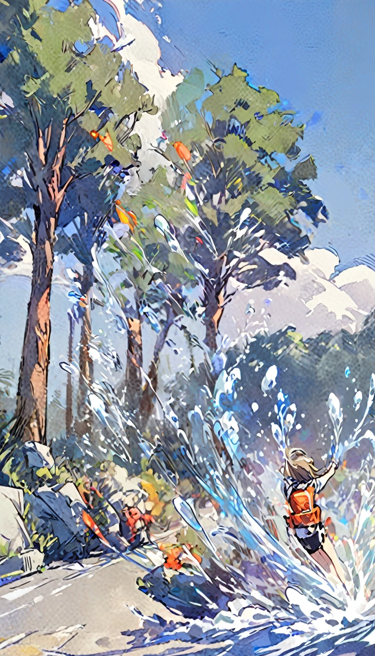 A woman wearing a life jacket drifting with splashes,There are trees on both sides,Cartoon ,HD