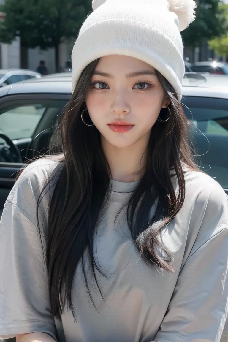 1girl, solo, long hair, black hair, written clothes, brown eyes, looking at the viewer, beanie, lips, upper body, closed mouth, shirt, earrings, https://i.postimg.cc/tCDfNDvp/Screenshot-20230606-212445.png