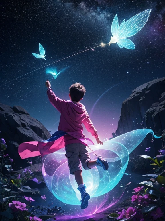 A dreaming boy launches a space flying kite in the form of a magical bird that flies into the world of happiness. beautiful and fabulous . stardust, vortices, filaments, fibers, fractals, energies, auras. bright juicy colors, ultra quality, 4048k,poster,@spacio,dark botanical,ultrafine, realistic, ultra detailed,neon