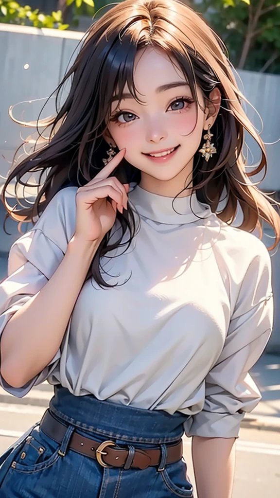 woman，(1 person),With a smile, She expressed her joy, Beautiful and smiling, Laugh gently, Cute smile, 美しいWith a smile, Happy and cheerful expression, And she laughs，very happy, (masterpiece、Highest quality)、Best details
