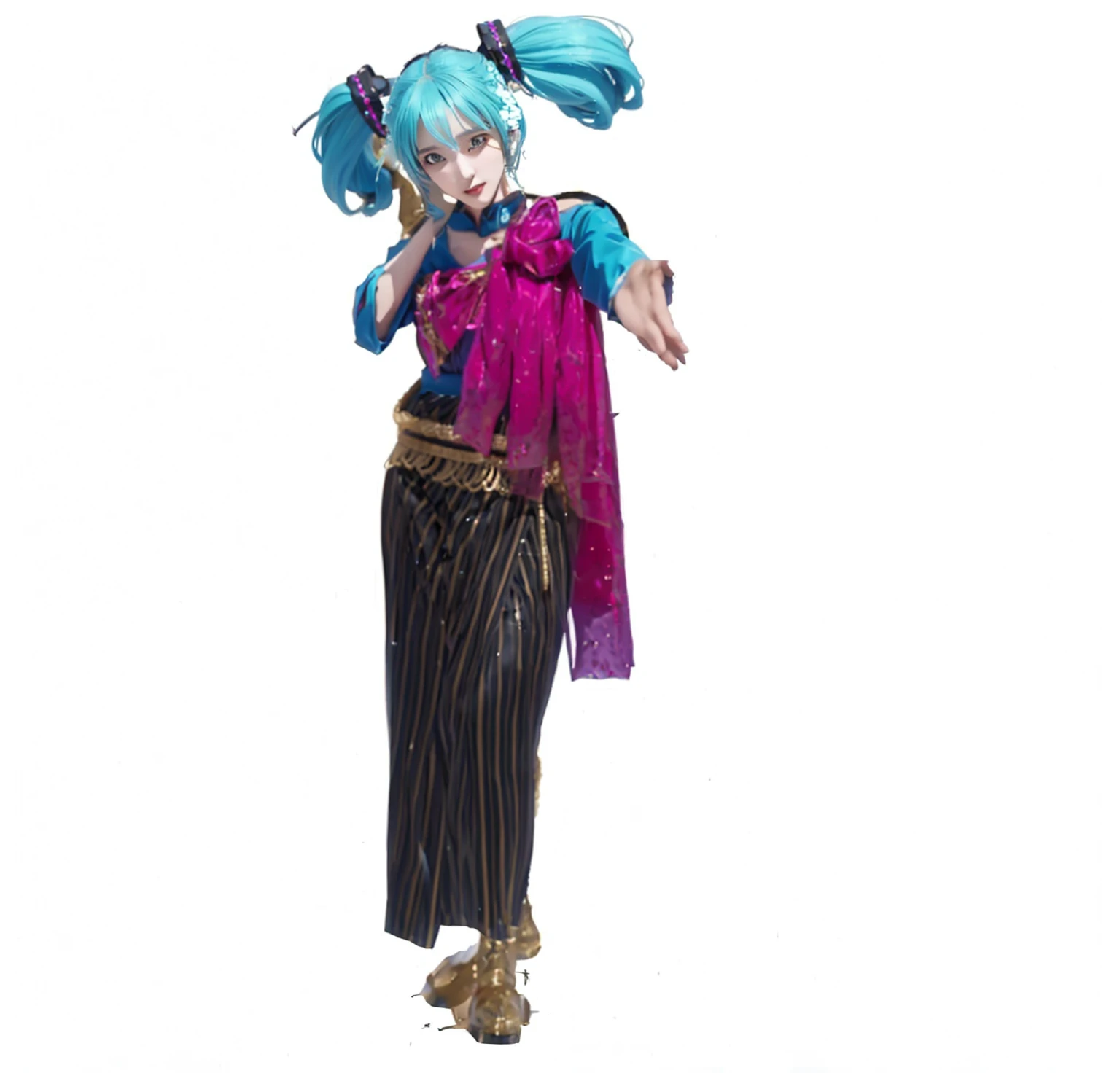 ((Masterpiece)), (best quality), (very detailed), ((very detailed)), 4k, (8k),1 girl,Hatsune Miku, there is a woman in a costume that is standing up, tai costume, beautiful genie girl, miku , hatsune miku cosplay, high quality costume, inka harpy girl, high quality theatre costume, maya ali as a wind sorcerer, hatsune miku, anime cosplay, costume