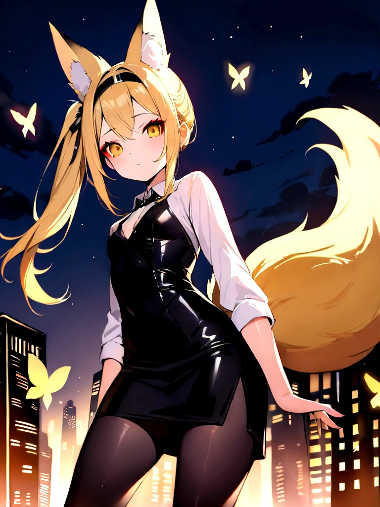 junior,beautiful Finger,beautiful 긴 legs,beautiful body,beautiful Nose,beautiful character design, perfect eye, perfect face,expressive eye,perfect balance, looking at viewer,(Focus on her face),closed mouth, (chaste_big_eye:1.0),(light_laugh:0.3), official art,very detailed CG Unity 8k 벽지, perfect lighting,fancy, bright_front_face_lighting,White skin, (masterpiece:1.0),(best_quality:1.0), ultra high resolution,4K,very detailed, photography, 8 thousand, HDR, mackerel, absurd:1.2, Kodak Portrait 400, film grain, blurred background, bokeh:1.2, lens flare, (vibrant_color:1.2),professional photography, (beautiful,small breasts), (beautiful_face:1.5),(small_waist),black stockings, blonde ,long hair, ponytail, elegant, (fox ears),nine tailed fox tail, red eyeshadow, 금색 eye동자, femur，漏出femur，white shirt, black pencil skirt, city background,night