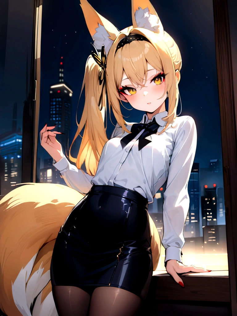 (masterpiece, best quality) junior,detailed, (beautiful,small breasts),Wearing black tights, blonde,long hair, side ponytail(gold butterfly hairband), elegant, (fox ears),nine tailed fox tail, red eyeshadow, golden eyes, femur,漏出femur,white shirt, black pencil skirt, city background,girl,NIGHT