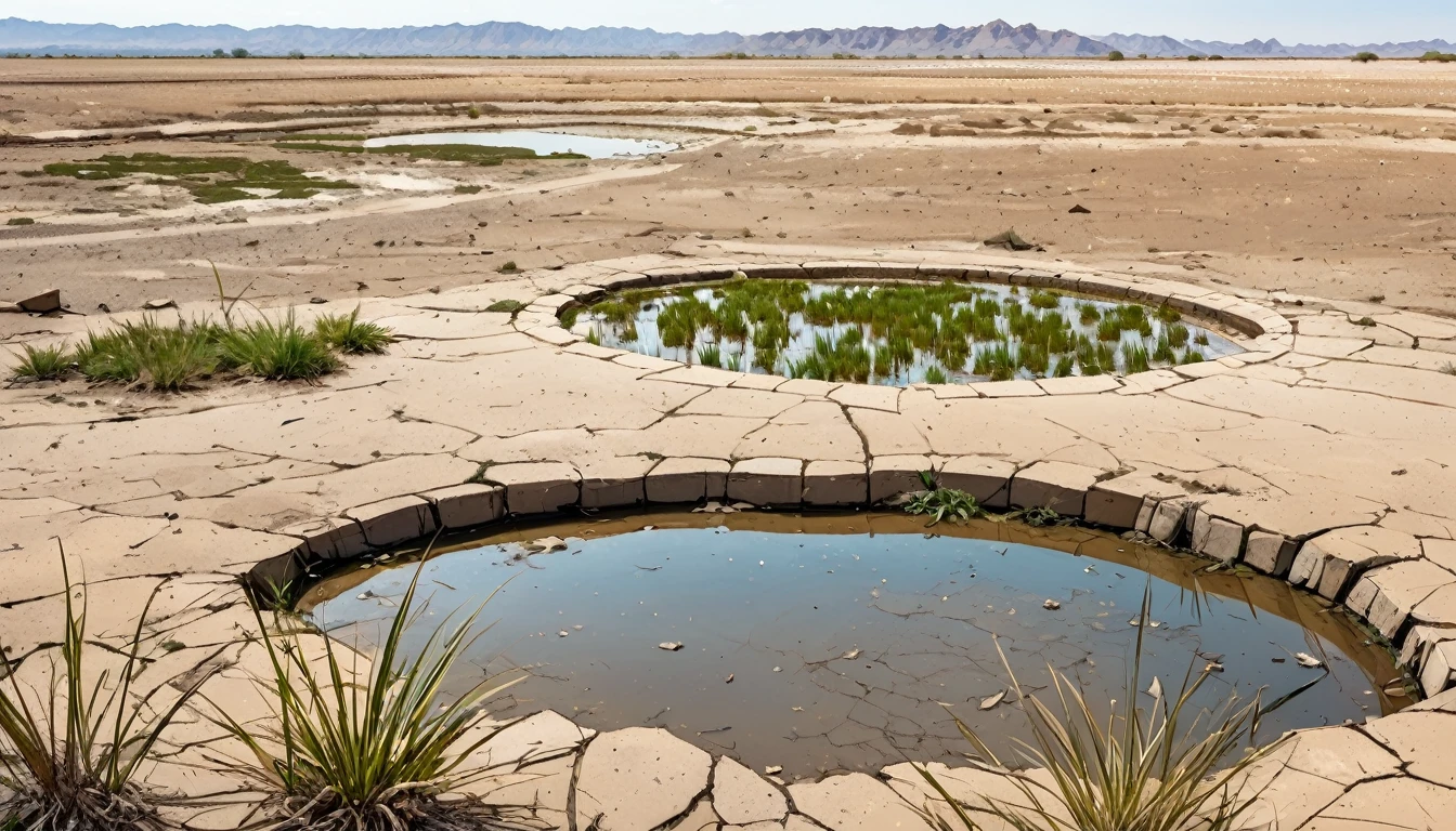 A barren land,No life anywhere,There are only a few grasses on the ground,Pond with only water,No plants