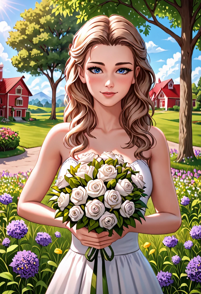 Anime style, source_anime, Medium round breasts, (1 young Girl), ((light black color hair: 5.2, long straight style, messy bangs)), blue eyes, double eyelids, light effect on the eyes, wide hips, black off-the-shoulder skirt dress , stylish, beautiful smile, shy, blush on cheeks, ((sexy body)), solo, best quality, masterpiece, portrait, flirting with viewer, sensual pose, detailed, perfect anatomy, detailed art, high definition, 4k , high resolution, garden, grass, holding bouquet of flowers, house