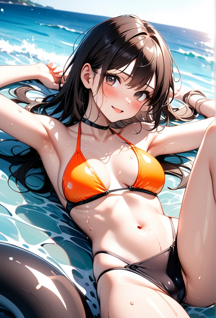 ((Lying on a rubber boat floating on the sea)), ((halterneck swimsuit)), ((The swimsuit glows fluorescent orange.)), skindentation, skinny, solo, 1 woman, Masterpiece, highest quality, highest quality, 16K, incredibly absurd, highly detailed, 2.5D, ai-generated, delicate and dynamic, very delicate facial expressions, delicate eye depiction, erotic, only sexy woman, ((A cute and kind face)), healthy figure, 25-year-old woman, bride, 160cm tall, medium firm swaying bust, (dark hair), black eye, blush, Sweat,Embarrassed,sexy, ((thin thighs)), (Erect nipples:0.6), ((shiny and lustrous)), facing straight at viewer, ((brown black skin)), ((Oily_skin)), sweaty skin, wet skin, (suntan), dutch angle, sexy pose, Dynamic poses, ((Summer Sea)), Strong sunlight, ((Lying)), Navel, ((On the open sea)), Knee Up,