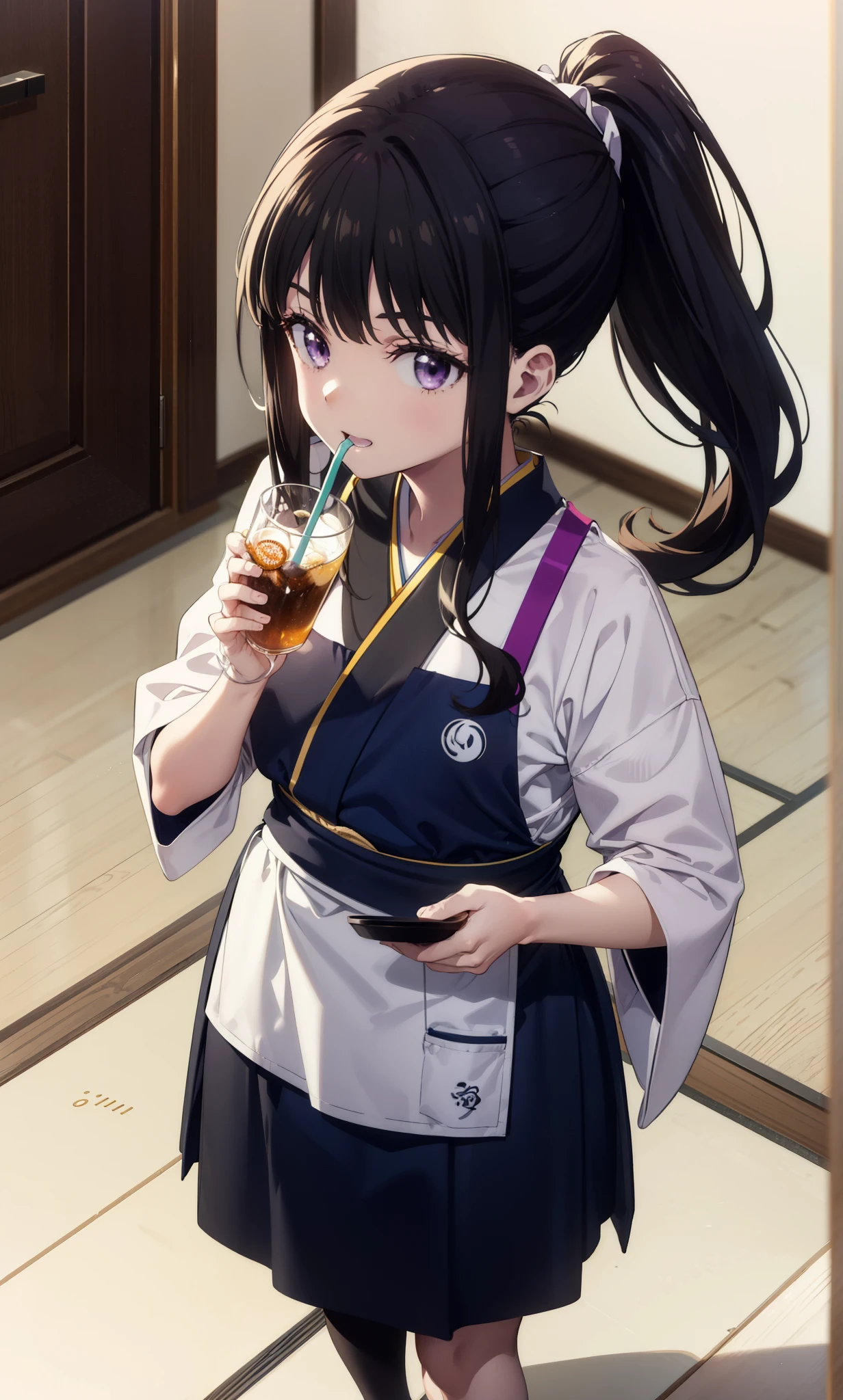 Takiuchikami, Long Hair, bangs, ponytail, Black Hair, (Purple eyes:1.1),smile,Open your mouth,
break japanese clothes, Blue Kimono, apron, waist apron, waitress,White socks,whole body,So that it can be included in the illustration,food, drink, Table Cleaning, tray, tray in one hand,Walking,
break indoors, hostel,
break looking at viewer, whole body,
break (masterpiece:1.2), Highest quality, High resolution, unity 8k wallpaper, (figure:0.8), (Beautiful attention to detail:1.6), Highly detailed face, Perfect lighting, Highly detailed CG, (Perfect hands, Perfect Anatomy),