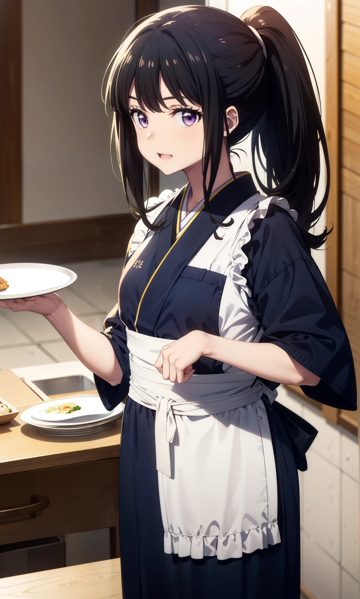 Takiuchikami, Long Hair, bangs, ponytail, Black Hair, (Purple eyes:1.1),smile,Open your mouth,
break japanese clothes, Blue Kimono, apron, waist apron, waitress,White socks,whole body,So that it can be included in the illustration,food, drink, Table Cleaning, tray, tray in one hand,Walking,
break indoors, hostel,
break looking at viewer, whole body,
break (masterpiece:1.2), Highest quality, High resolution, unity 8k wallpaper, (figure:0.8), (Beautiful attention to detail:1.6), Highly detailed face, Perfect lighting, Highly detailed CG, (Perfect hands, Perfect Anatomy),