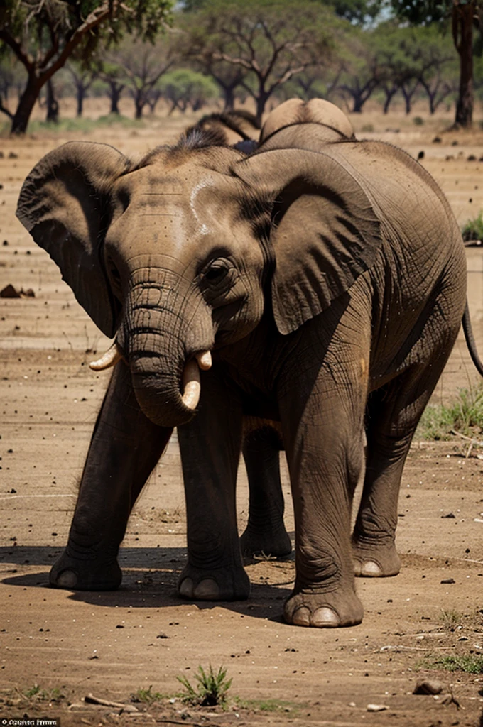 Create a picture of a baby elephant lost in the savannah