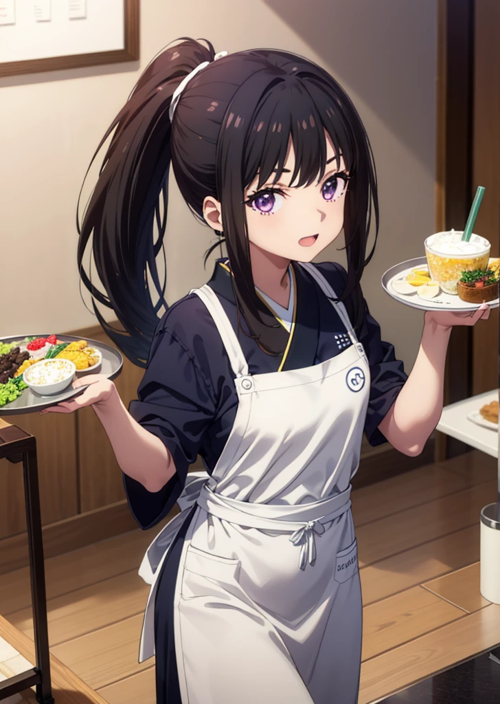 Takiuchikami, Long Hair, bangs, ponytail, Black Hair, (Purple eyes:1.1),smile,Open your mouth,
break japanese clothes, Blue Kimono, apron, waist apron, waitress,White socks,whole body,So that it can be included in the illustration,food, drink, Table Cleaning, tray, tray in one hand,Walking,
break indoors, hostel,
break looking at viewer, whole body,
break (masterpiece:1.2), Highest quality, High resolution, unity 8k wallpaper, (figure:0.8), (Beautiful attention to detail:1.6), Highly detailed face, Perfect lighting, Highly detailed CG, (Perfect hands, Perfect Anatomy),