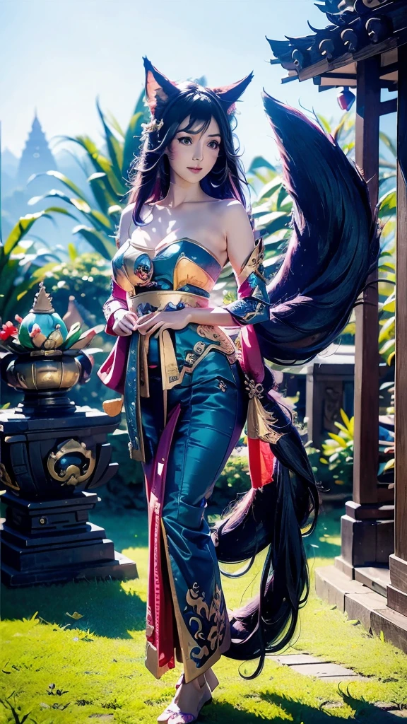 masterpiece, concept art, close up shot, ahri \(league of legends\), (nine taileds fox), kebaya_bali blue, cute, standing, (portrait), Bali temple background, epic composition, epic proportion, HD