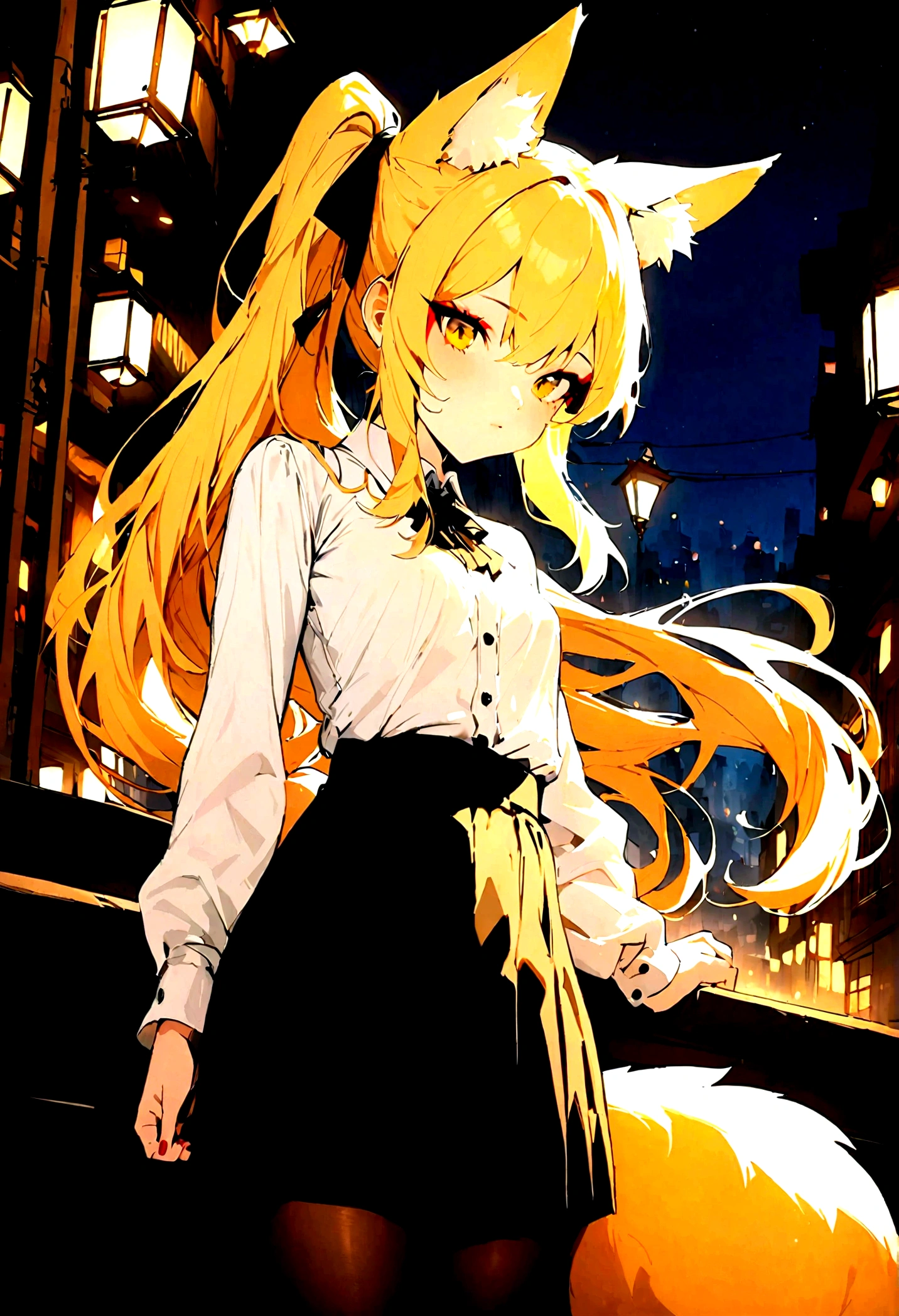 (masterpiece, best quality) junior,detailed, (beautiful,small breasts),Wearing black tights, blonde,long hair, side ponytail, elegant, (fox ears),nine tailed fox tail, red eyeshadow, golden eyes, femur,漏出femur,white shirt, seoktao art style,city background,girl,NIGHT