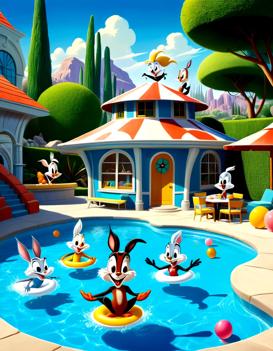 Warner Bros., Looney Tunes, Merry Melodies pool party. Zany characters and antics. 1940s style animation