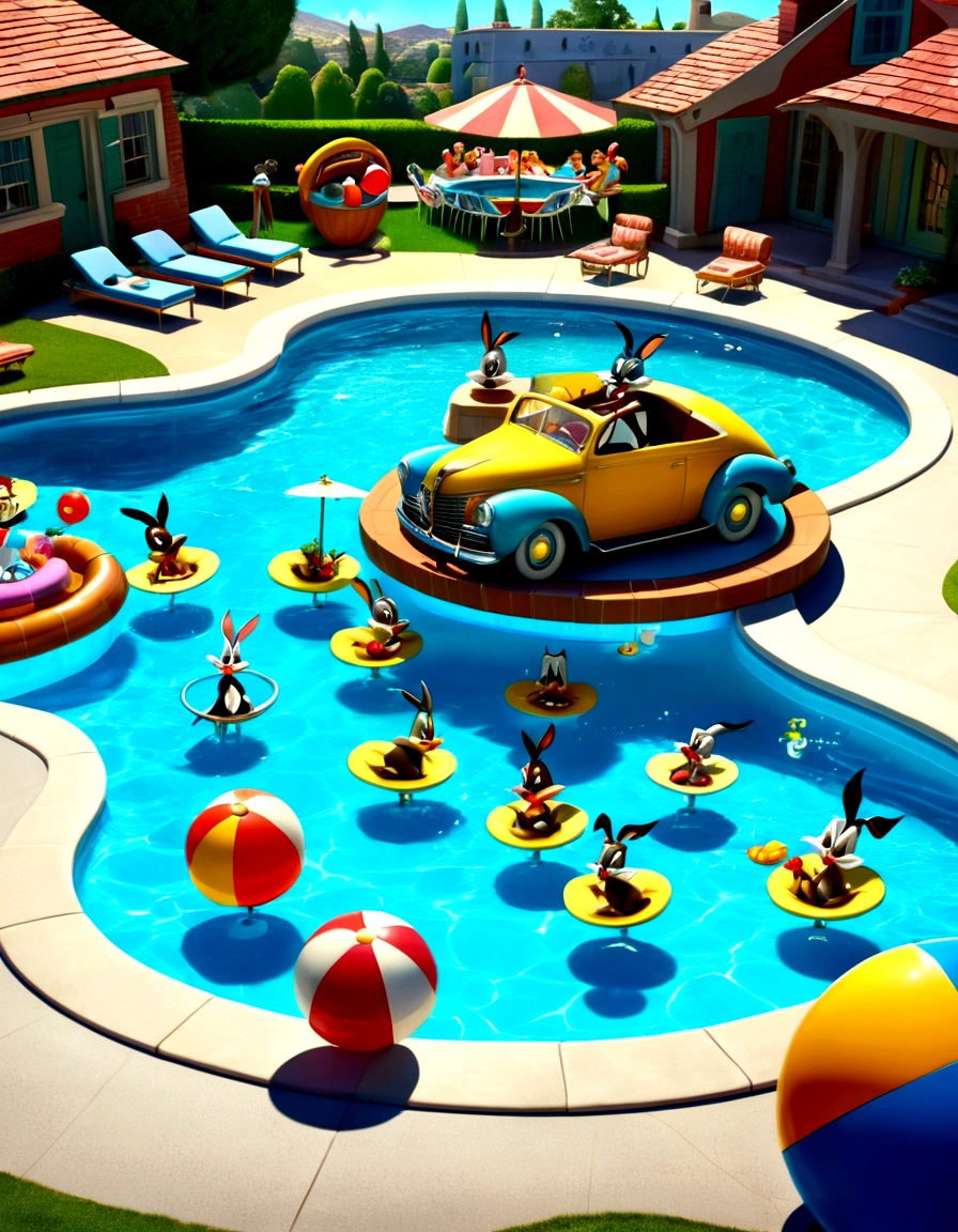 Warner Bros., Looney Tunes, Merry Melodies pool party. Zany characters and antics. 1940s style animation