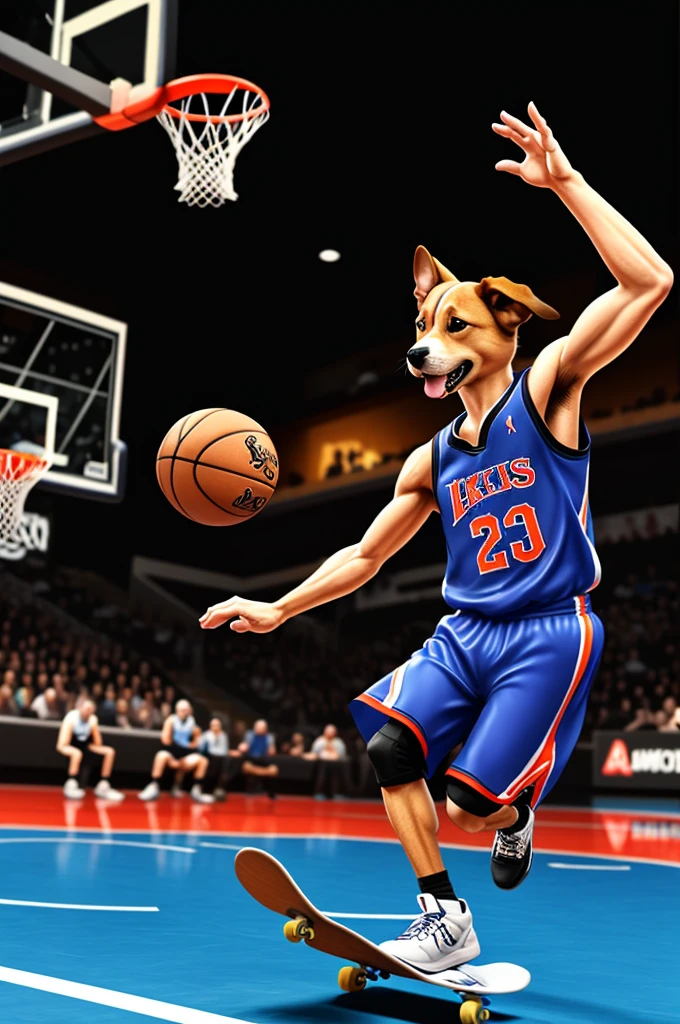 A dog on a skateboard with a video game controller in his right hand while on a basketball court in an animated style