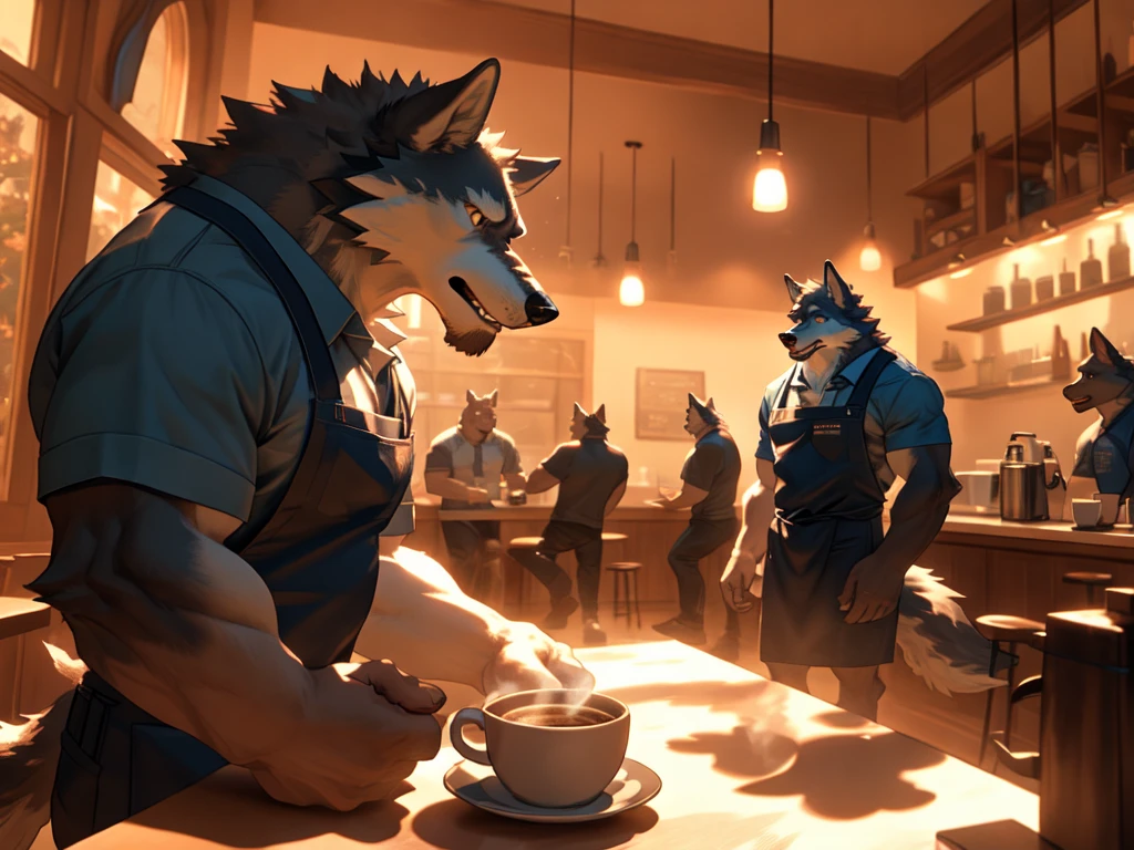 A muscular wolf brown nude man in a cafe, holding a coffee mug, wearing an apron with a visible erected penis, Seato-hao style, Null-ghost style, detailed, hyper-realistic, 8k, photorealistic, masterpiece, chiaroscuro lighting, dynamic composition, dramatic shadows, warm color palette, cinematic atmosphere