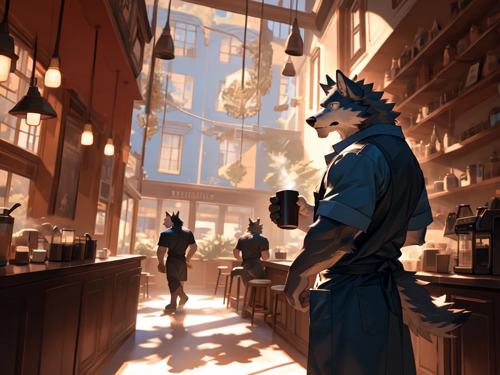 A muscular wolf brown nude man in a cafe, holding a coffee mug, wearing an apron with a visible erected penis, Seato-hao style, Null-ghost style, detailed, hyper-realistic, 8k, photorealistic, masterpiece, chiaroscuro lighting, dynamic composition, dramatic shadows, warm color palette, cinematic atmosphere