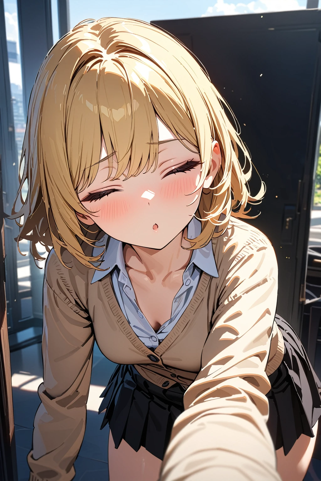 (masterpiece, best quality:1.5), (ultra detailed, high resolution, 8k, beautiful detailed, UHD, best anatomy), blonde hair, small breasts, 1 girl, closed eyes, kissy face, A hopeful background, front view, cardigan, flared skirt, business shirt, Come closer to pov