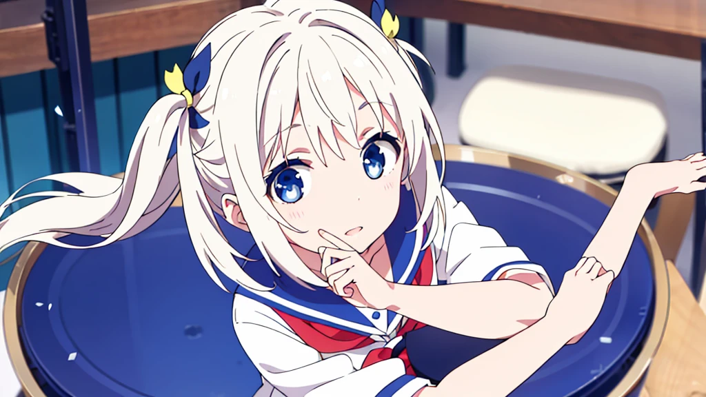 Extremely detailed great image quality 1 white-haired girl with ribbon decorations on her head, blue eyes at school navy blue miniskirt Women with white stockings at home