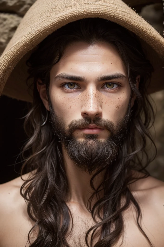 ((best qualityer)), ((work of art)), (detailded), 1 men, skin fair, amber eyes, body hair: far away, black and wavy. some freckles, Fine pupils, drain of a cave