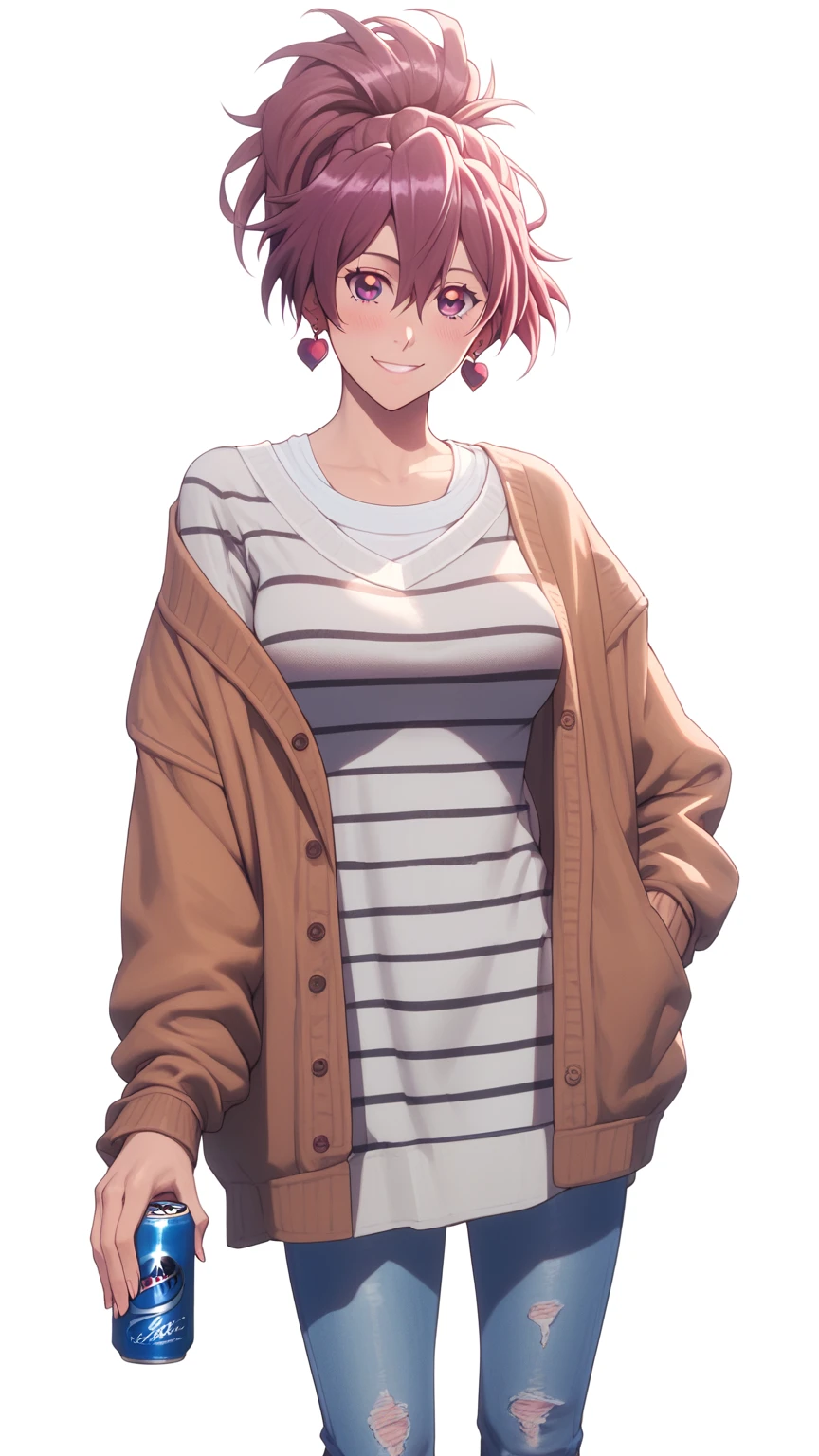 (asura art style:0.7), score_9, score_8_up, score_7_up, score_6_up, bambietta, long hair, hair between eyes, bangs, black hair, BREAK (masterpiece:1.2), best quality, high resolution, (beautiful detailed eyes:1.3), perfect lighting, (perfect hands, perfect anatomy), hearts, pleasured, large breasts, sagging breasts, 1girl, solo, pants, striped clothes, striped shirt, can, white background, simple background, earrings, jewelry, hand in pocket, jeans, looking at viewer, blush, beer can, shirt, holding, open clothes, holding can, denim, jacket, drink can, casual, sweater, breasts, smile, brown jacket, alternate costume, long sleeves, off shoulder, blue pants, cardigan