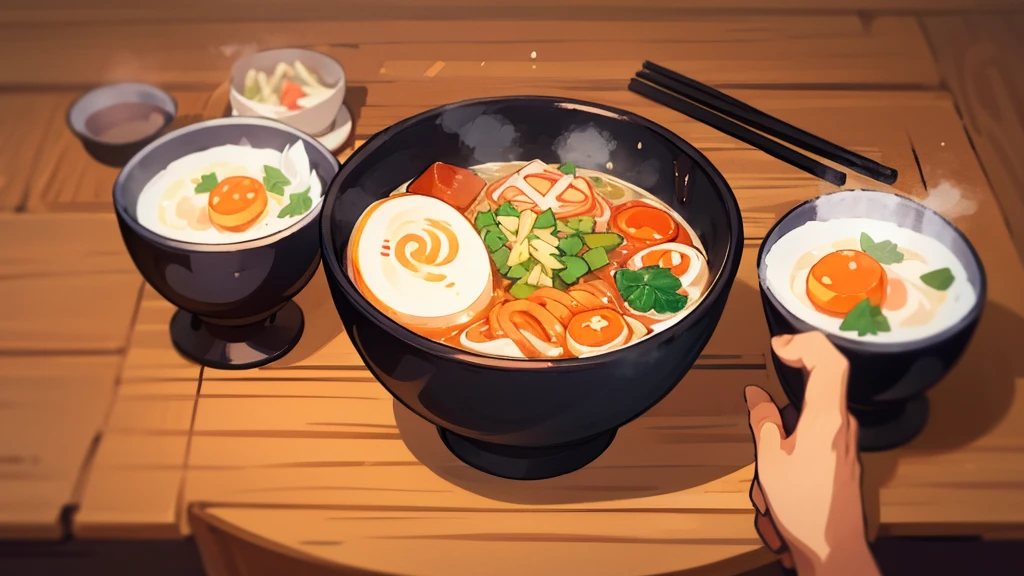 ramen、An illustration、どんぶりに入っているramen、Chopsticks are included.、On the table、１t、Before eating、thimble