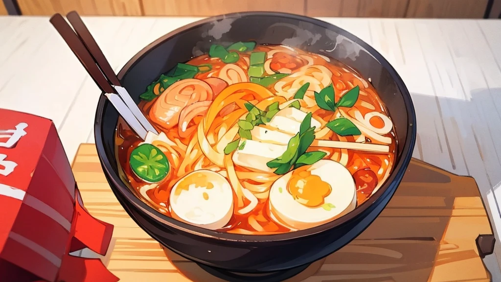 ramen、An illustration、どんぶりに入っているramen、Chopsticks are included.、On the table、1t、Before eating、thimble