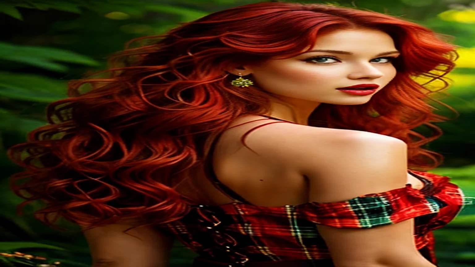 (back view) 1girl,solo,long hair,breasts,looking at viewer,ginger hair,dress,cleavage,green eyes,jewelry,medium breasts,collarbone,upper body,flower,red hair,earrings,parted lips,necklace,blurry,lips,plaid,makeup,wavy hair,nature,curly hair,realistic