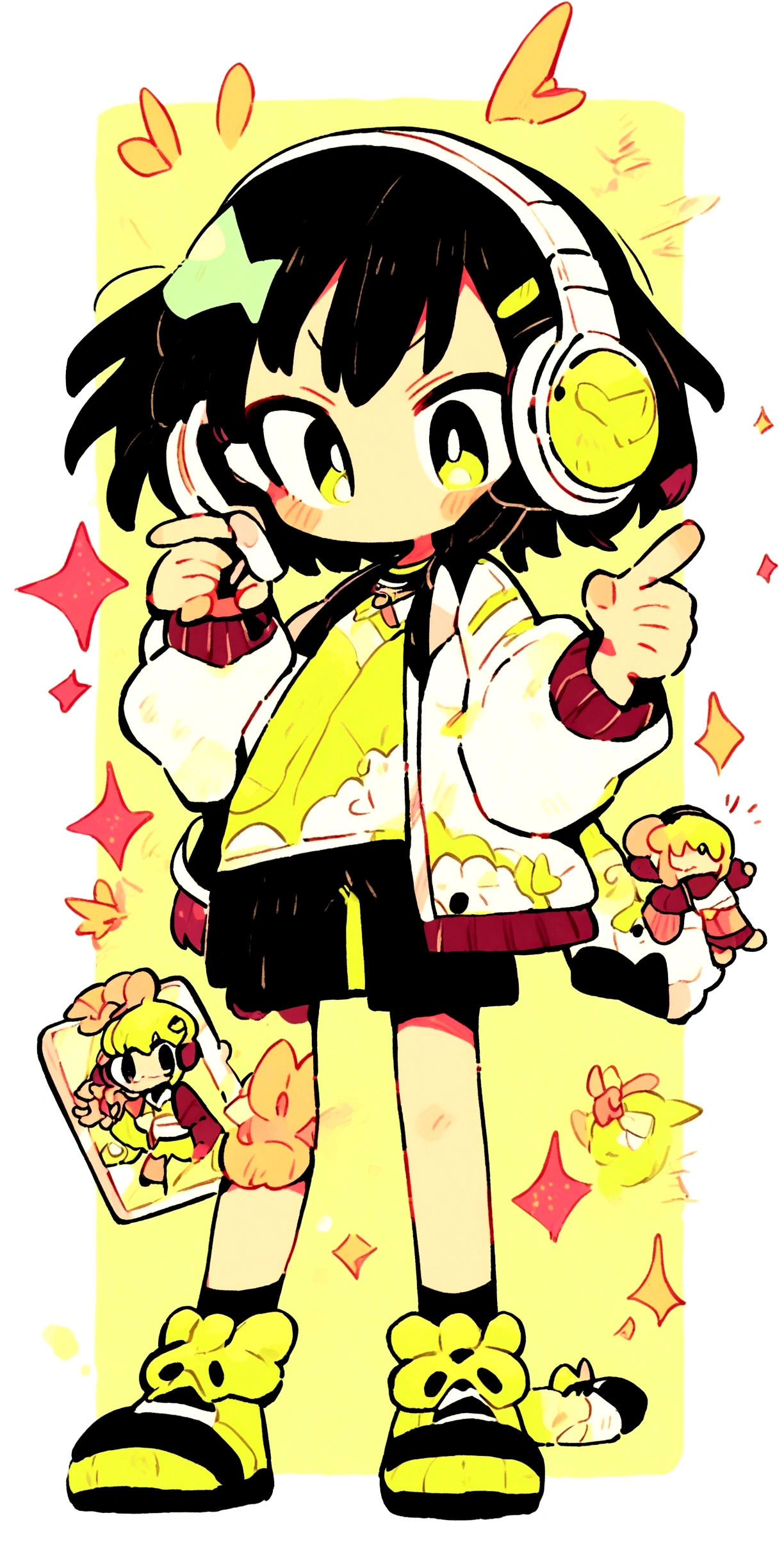 cartoon girl with headphones and a tablet pointing at something, full body!, in an anime style, full_body!!, ecchi anime style, with headphones, with head phones, chibi style, cel shaded!!!, unknown artstyle, thicc, jaidenanimations, chibi, anime moe artstyle, holding a pudica pose
