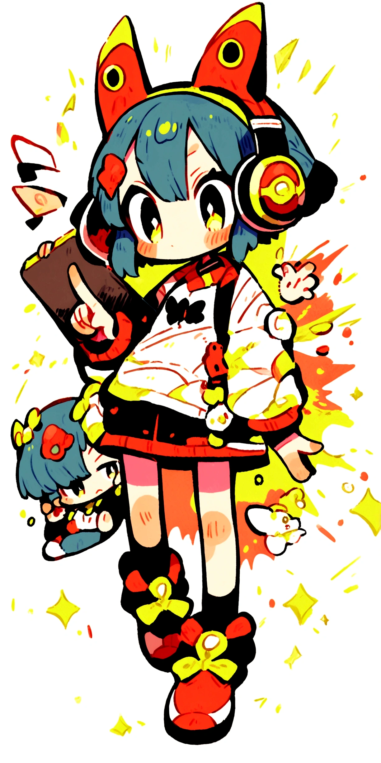 cartoon girl with headphones and a tablet pointing at something, full body!, in an anime style, full_body!!, ecchi anime style, with headphones, with head phones, chibi style, cel shaded!!!, unknown artstyle, thicc, jaidenanimations, chibi, anime moe artstyle, holding a pudica pose