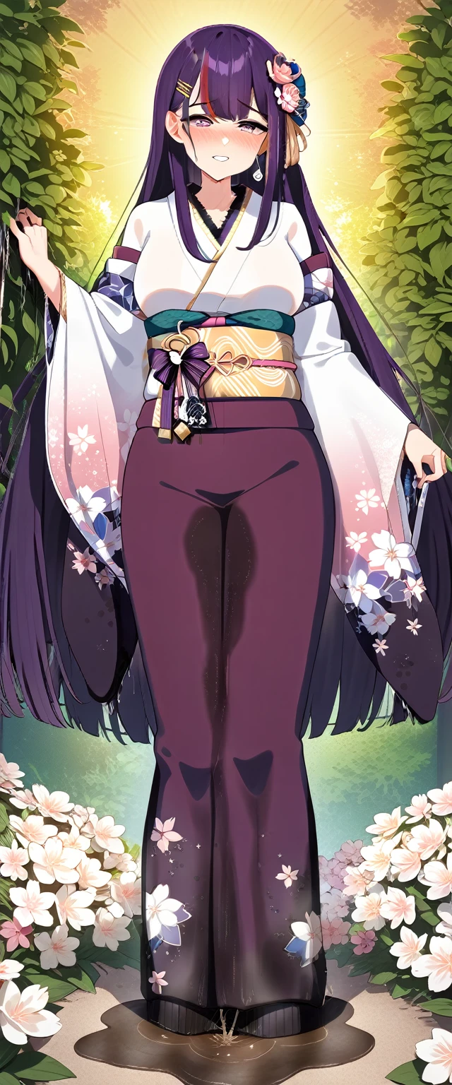 (masterpiece:1.37), best quality, (extremely detailed:1.37), (1girl:1.5), woman, (mature:1.5), (adult:1.5), large breasts, very long hair, (straight hair:1.5), (very dark purple hair:1.5), purple eyes, (extremely detailed eyes:1.37), (furisode:2.0), desperation, (wetting self:2.0), standing, embarrassed, humiliation, blushing, angry, cherry blossoms, garden, (golden hour:1.5), full body