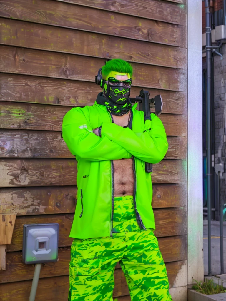 there is a man in a green outfit holding an ax, cyber punk street goon, greenskin, Shrek as Neo from the Matrix, green mascara, green colored skin!!, muscular! cyber punk, green colored skin, wearing cyber punk streetwear, cyber punk dude, realism in style of fornite game, cyber punk outfit, cyber punk style outfit