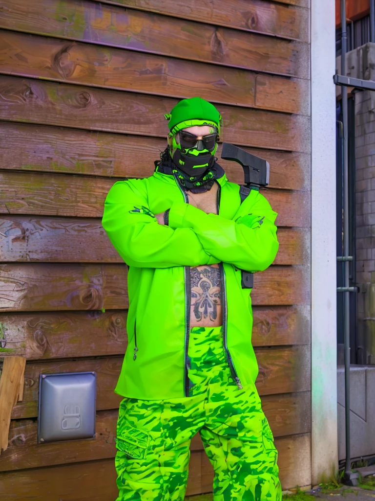 there is a man in a green outfit holding an ax, cyber punk street goon, greenskin, Shrek as Neo from the Matrix, green mascara, green colored skin!!, muscular! cyber punk, green colored skin, wearing cyber punk streetwear, cyber punk dude, realism in style of fornite game, cyber punk outfit, cyber punk style outfit