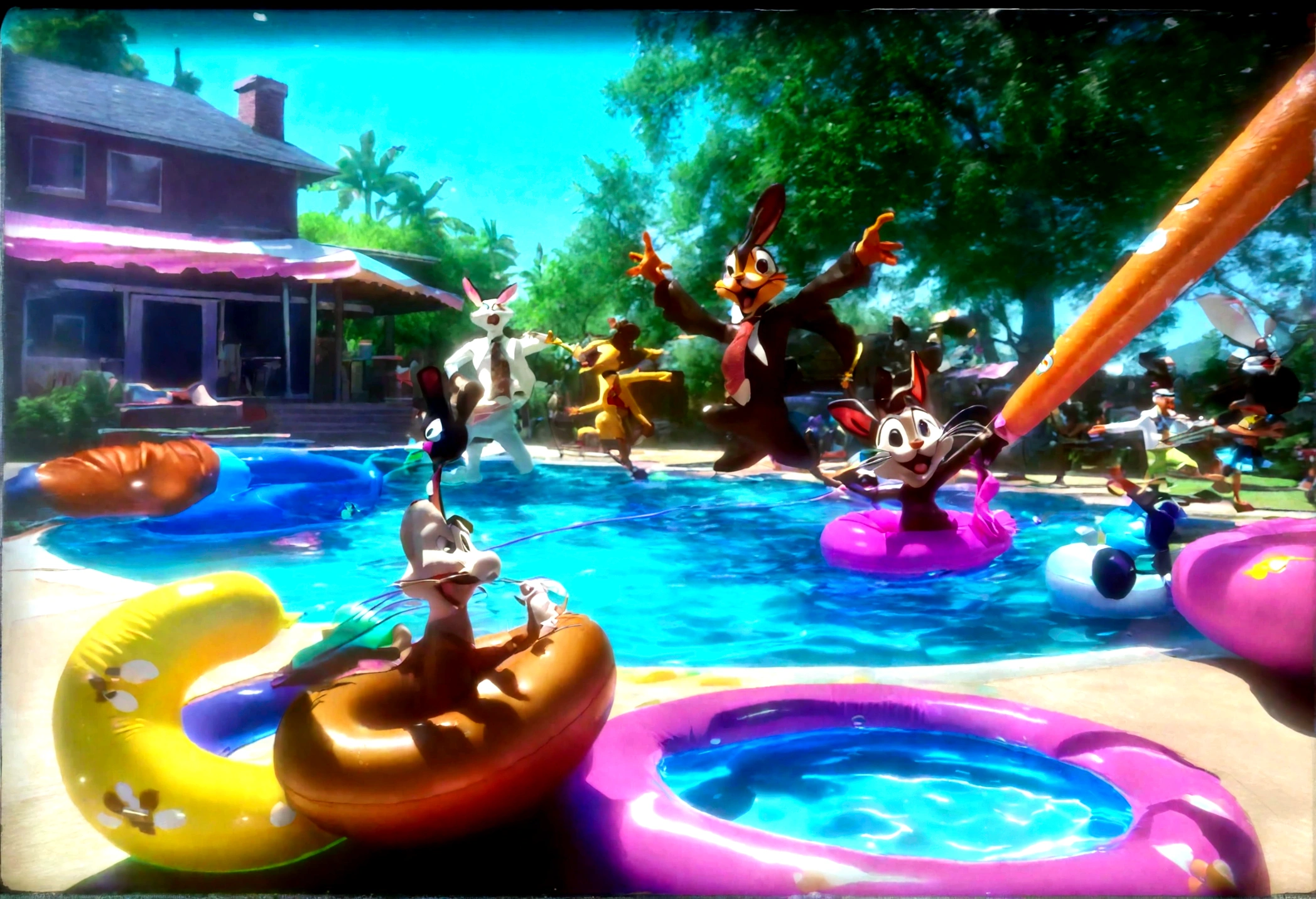 A group of Looney Tunes characters having a zany pool party, 1940s style cartoon, detailed animation, lively colors, humorous expressions, dynamic poses, wet splashes, sunlight reflections, retro aesthetic, whimsical atmosphere, (best quality, 4k, 8k, highres, masterpiece:1.2), ultra-detailed, (realistic, photorealistic, photo-realistic:1.37), vibrant colors, dynamic lighting, cartoon physics, exaggerated features, slapstick comedy, vintage cartoon style, animated water effects, rubber hose animation, dynamic camera angles
