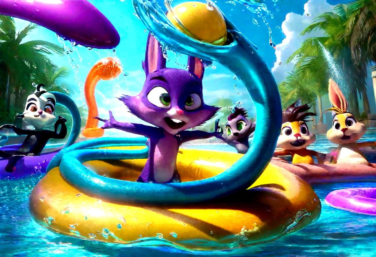 A group of Looney Tunes characters having a zany pool party, 1940s style cartoon, detailed animation, lively colors, humorous expressions, dynamic poses, wet splashes, sunlight reflections, retro aesthetic, whimsical atmosphere, (best quality, 4k, 8k, highres, masterpiece:1.2), ultra-detailed, (realistic, photorealistic, photo-realistic:1.37), vibrant colors, dynamic lighting, cartoon physics, exaggerated features, slapstick comedy, vintage cartoon style, animated water effects, rubber hose animation, dynamic camera angles
